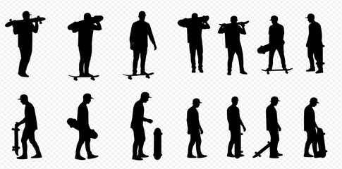 A diverse collection of black silhouettes depicting male figures engaged in various skateboarding activities, including carrying, riding, and standing with their boards.