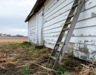 Weathered Wooden Ladder Against Kentucky Barn - Rural Farm Life