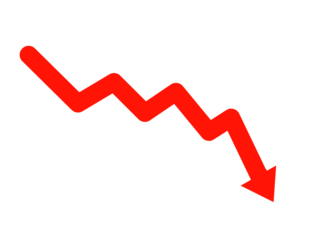 Red downward trending arrow isolated on transparent background