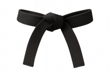 Black martial arts belt knotted tightly, representing mastery and skill against clean transparent backdrop