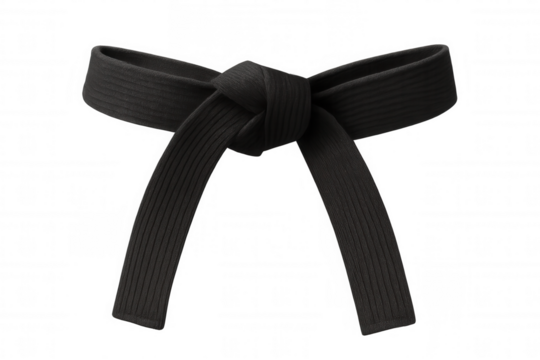 Black martial arts belt knotted tightly, representing mastery and skill against clean transparent backdrop