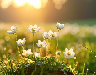 朝日に輝く白い花と春の草原