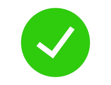 A white checkmark inside a bright green circle, isolated on transparent background