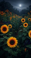A field of vibrant sunflowers illuminated by the moonlight, showcasing a serene and magical night scene with fireflies.