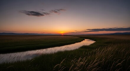 Obraz premium Serene Sunset Over Grassland Creek.