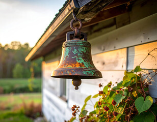 Vintage Cast Iron Farm Bell on Kentucky Farmhouse Porch - Rural Heritage