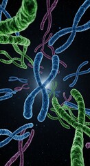 Colorful chromosomes, a detailed illustration, float in space against a dark backdrop, showcasing genetic material.