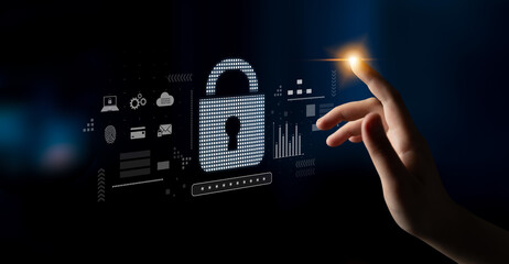 Cybersecurity protection system showing password encryption, fingerprint ID, cloud security, email,...