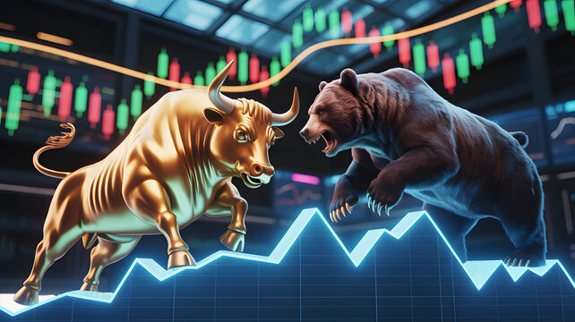 Bull and Bear Stock Market Concept &ndash; Golden bull and bear facing off with stock charts, symbolizing bullish and bearish trends in finance and trading.