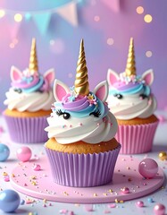 Three unicorn cupcakes on a pink plate