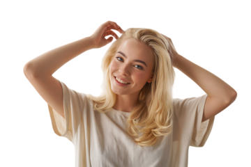 young girl touching blonde hair with smile isolated on transparent background
