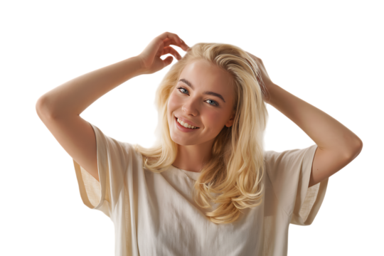 young girl touching blonde hair with smile isolated on transparent background