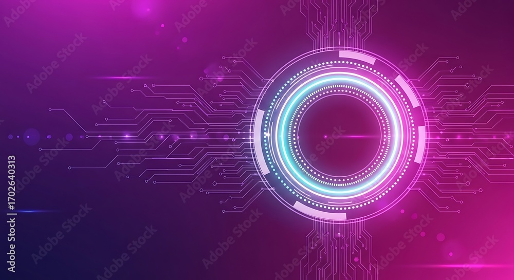 Wall mural futuristic glowing neon circle with abstract digital circuit board pattern and bokeh effect