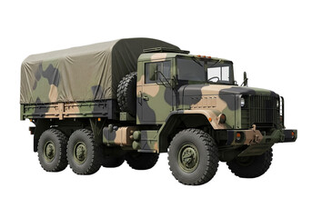 Fototapeta premium Rugged camouflage military cargo truck with tarped bed for transport and logistics