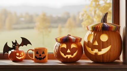 Glowing jack o lanterns and halloween decorations on a windowsill with autumn trees outside