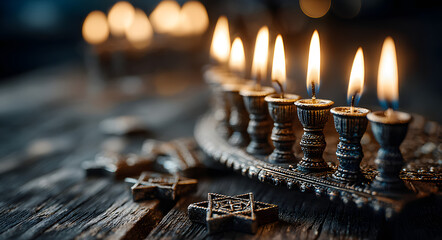 Hanukkah menorah with lit andles and dreidels on a woden table with bokeh backround