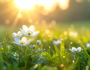 朝日に輝く白い小花と露に濡れた草原