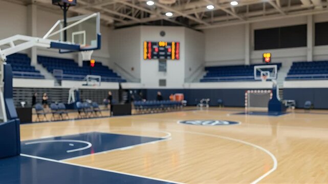 An indoor sports arena features a hardwood basketball court with blue painted sections and white lines surrounded by blue bleachers scoreboards and overhead lights
