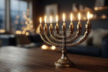 Fototapeta premium Menorah with burning candles on table in living room closeup. Hanukkah celebraion