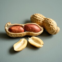Ai generated image of a cracked peanut shell with two peanuts inside, alongside a whole peanut, set against a muted gray backdrop, highlighting texture