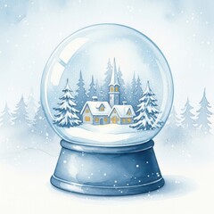 Festive snow globe with a charming village and pine trees, set against a snowy winter background