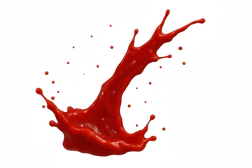 Vivid stream of red fluid creating a splash with droplets, isolated on transparent background, ideal for adding a vibrant touch to designs