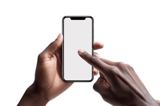 Close-up of two hands holding a smartphone with a blank screen, fingers touching the display