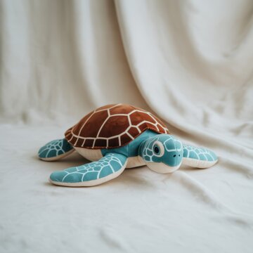 Ai generated image of a soft plush toy sea turtle with a brown shell and blue patterned body, resting on a draped white fabric background