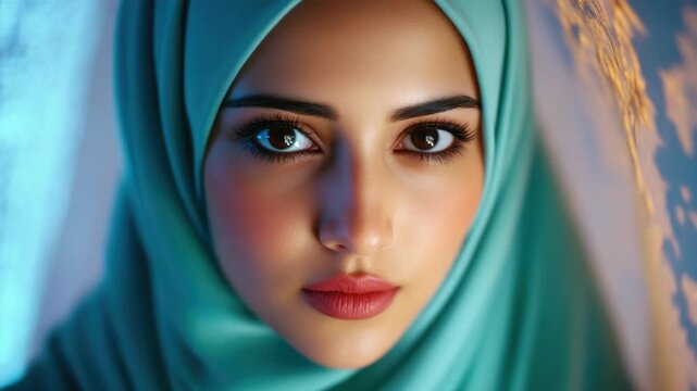 A woman with a green head scarf and a red lipstick. She has brown eyes and a brown nose