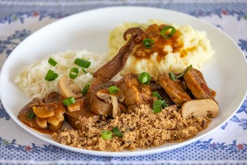 Traditional rustic Brazilian dish, beef tongue in Madeira sauce, mushrooms, rice, farofa and mashed potatoes