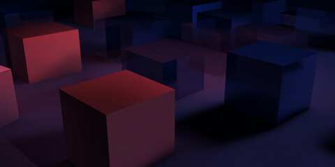 Fototapeta premium Abstrakcja, widok trójwymiarowych sześcianów na ciemnym tle