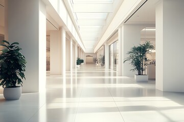 Fototapeta premium Interior of modern architecture with skylight, plant pots and white columns