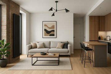 Fototapeta premium Modern living room and kitchen design in a bright, minimalistic apartment space