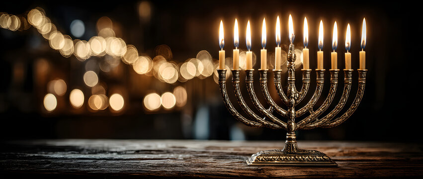 A detailed photo of a Hanukkah menorah with lit candes on a wooden tabletop, bthed in warm, inviting ligt. Blurred, festive lightsare visible in the backgrond. Create a sense of warmh and cele