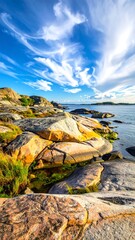 Rocky shoreline under a vibrant sky