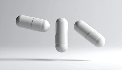 Three white capsules levitate on a plain white background