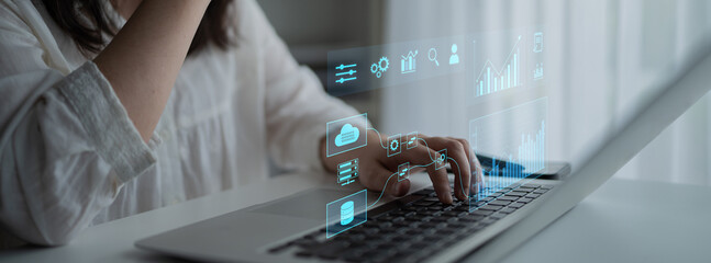 Data flow from database and cloud to processing and analytics dashboards, representing data...