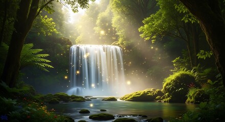 A tranquil waterfall cascading through a lush, enchanted forest bathed in ethereal light, dotted with glowing fireflies.