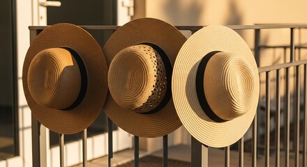Three straw hats hang on a metal railing, bathed in warm sunlight, showcasing a relaxed outdoor scene.