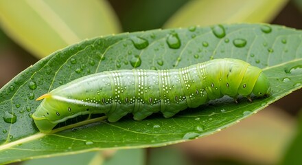 Vibrant green caterpillar larva resting on a leaf with fresh water droplets.
