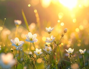 黄金の光に包まれる白い小花と草原