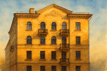 Obraz premium Historic yellow building with ornate details and balconies in a vibrant urban setting
