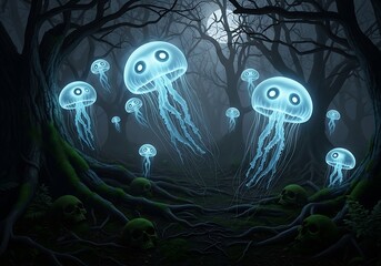 Glowing jellyfish float in a mystical, dark forest at night, illuminated by an ethereal moonlight.