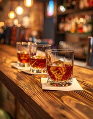 Three whiskey glasses on a bar