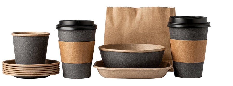 Assorted disposable tableware in natural tones