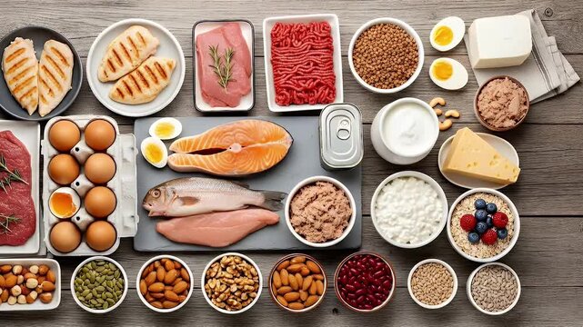 An overhead view of a wooden surface laden with a diverse array of protein-rich foods including meats fish eggs dairy nuts and grains