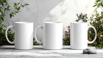 Three white mugs on a marble surface with plants