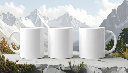 Three white mugs on a rocky outcrop against a mountain backdrop