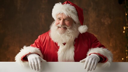 Naklejka premium Jolly santa claus with a big white beard and red suit smiling warmly with his hands resting on a white surface