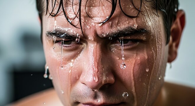 Close-up of a man's face dripping with perspiration, showcasing a focused and intense expression.